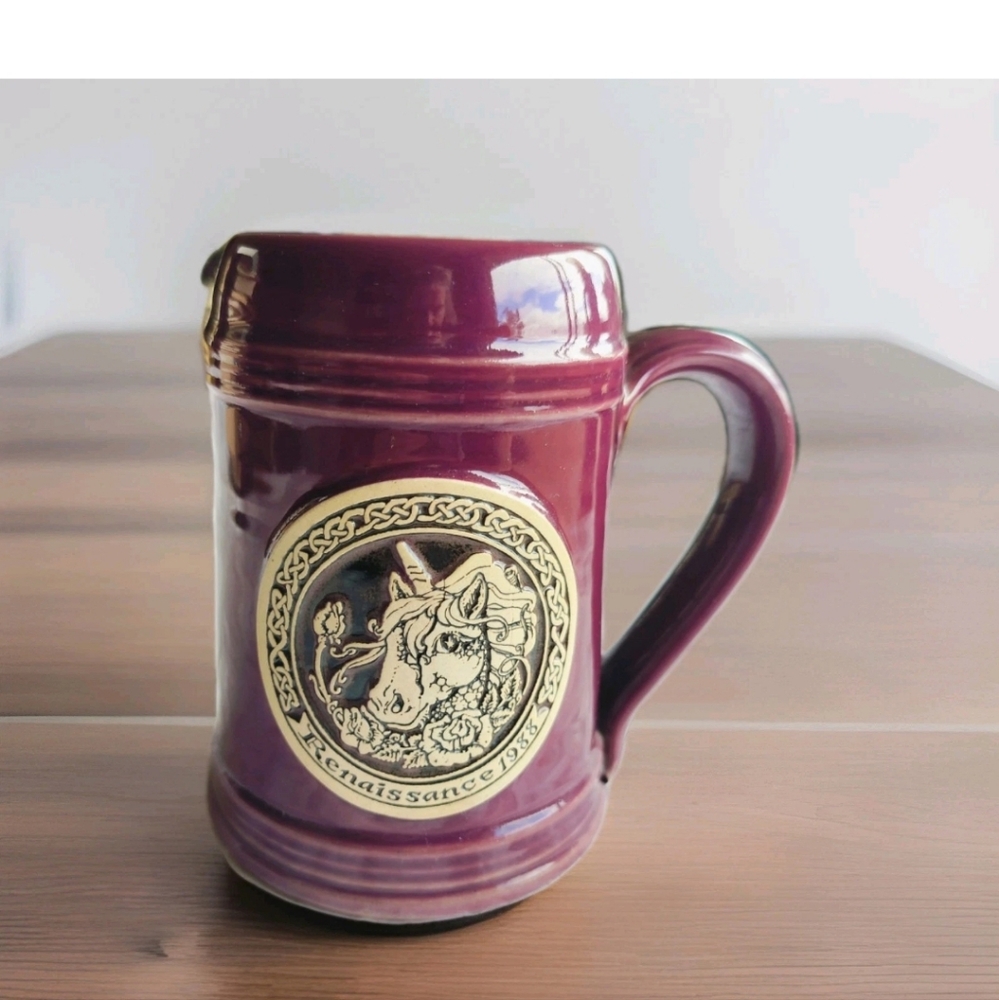Vintage John Coiner Pottery 1988 Renaissance Purple Glazed Tankard Unicorn